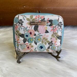 Mary Square Aqua Pink White Green Floral Small Zip Around Wallet